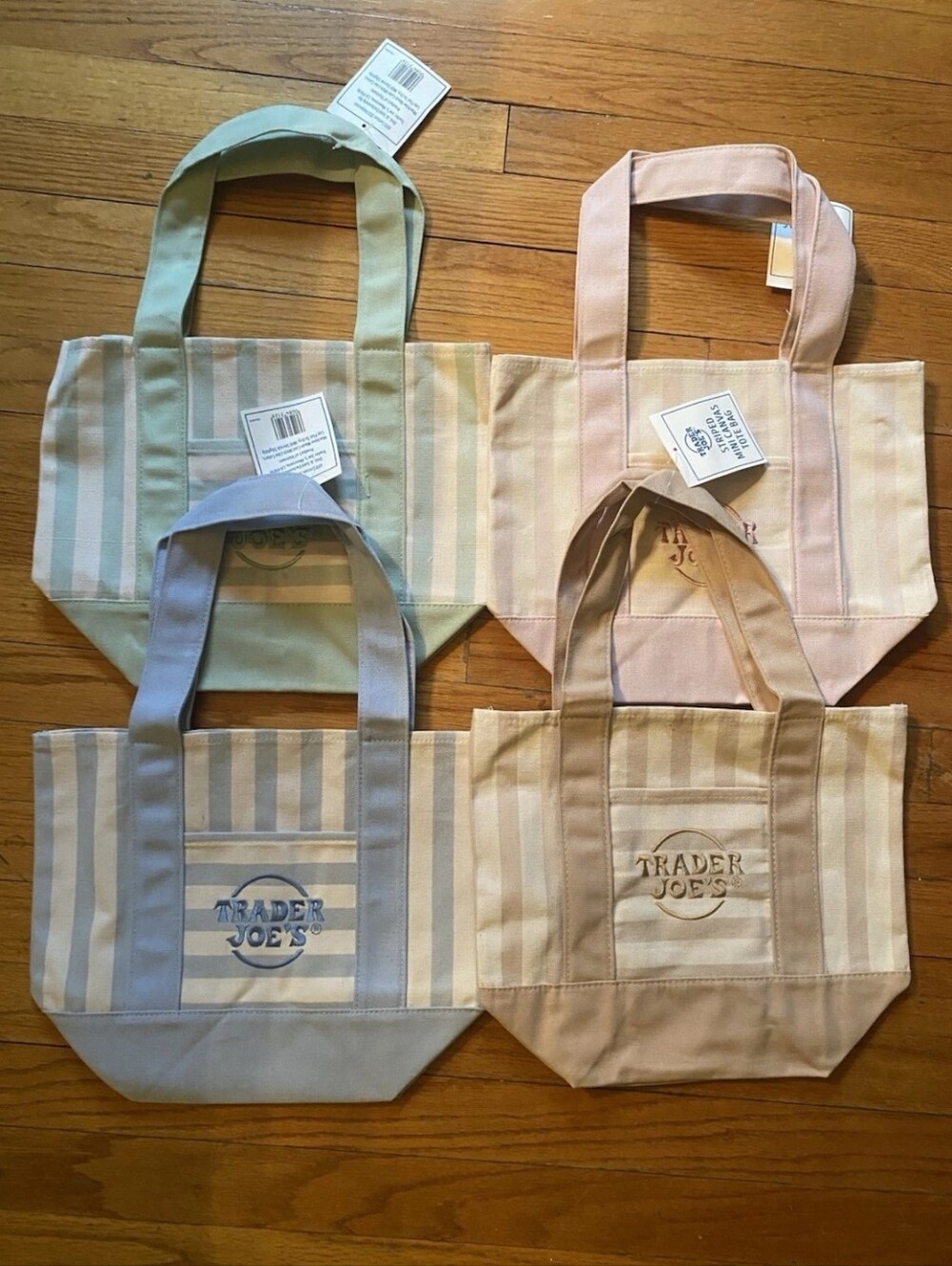 NWT Trader Joe's Striped Mini Dusty Pastel Canvas Tote Bags Set Of 4